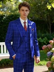 Men's Stripe 3 Piece Suit Set Slim Fit One Button Tuxedo Jacket Vest Pants For Wedding Prom Business & Formal Events - Royal Blue - View 7