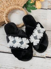 Women's Floral Print Fabric Criss-Cross Strap Slippers, Fashionable Casual Lace Home Slippers, Autumn/Winter - Black - View 10