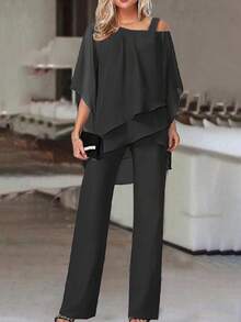 2 Piece Sets Woman,Women's Batwing Sleeve Top And Pants Casual Off-Shoulder Irregular Two-Piece Set - 黑色 - 查看 2