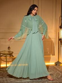 Elegant Women's Pleated Maxi Dress With Beaded Pearl Cape And Round Neck Long Sleeves Non-Stretch Fabric For Special Occasions - Mint Green - View 6
