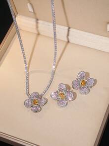 Luxury Floral Jewelry Set, Pink Crystal Petal & Yellow Gemstone Flower Necklace & Earrings, Elegant & Graceful For Formal Events - Multicolor - View 2