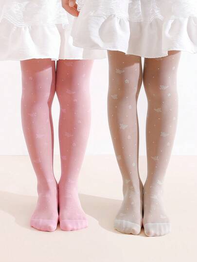 2pcs Baby Girls' Floral & Butterfly Jacquard Sheer Tights, Suitable For Daily Wear, Summer