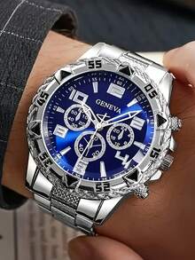 2pcs/Set Fashionable Business Men's Round Black Steel Band Quartz Watch, Paired With Diamond Bracelet Combination Gift Set, Suitable For Holidays, Parties, Business And Daily Wear - Blue - View 2