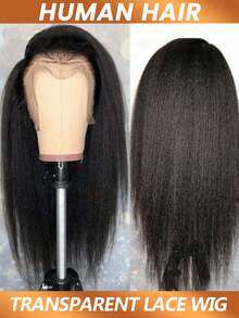 13x4 Transparent Kinky Straight Lace Front Wigs Yaki Straight Human Hair Wigs Bleached Frontal Wigs Texture & Full Volume For Women Pre Plucked 200% Density - Natural Black - View 6