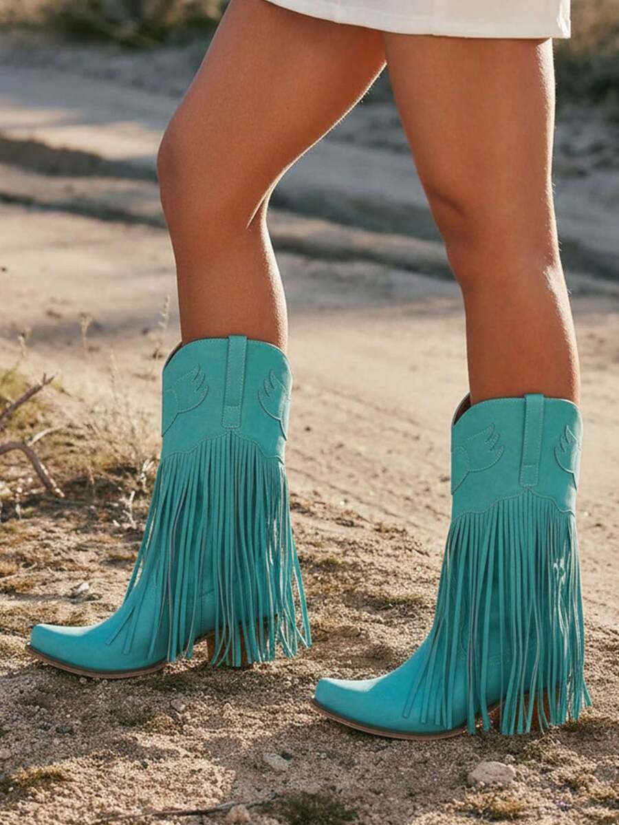 Vintage Fringe Tassel Western Cowgirl Boots For Women Pointed Toe Block Chunky Heels Slip-On Comfy Festival Riding Retro Mid Calf Cowboy Boots Woman - Màu xanh bạc hà - Xem 1