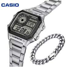 Casio 卡西欧 AE1200WHD-1A 男士电子表及表带套装，复古方形世界时间表盘，不锈钢表带，多功能防水腕表，适合日常佩戴及送礼 - 均碼 - 查看 1