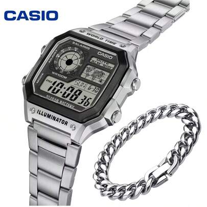 Casio 卡西欧 AE1200WHD-1A 男士电子表及表带套装，复古方形世界时间表盘，不锈钢表带，多功能防水腕表，适合日常佩戴及送礼