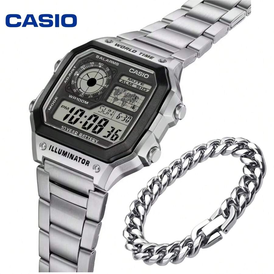 Casio 卡西欧 AE1200WHD-1A 男士电子表及表带套装，复古方形世界时间表盘，不锈钢表带，多功能防水腕表，适合日常佩戴及送礼 - 均碼 - 查看 1