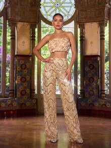 Faeriesty 两件套女士派对套装，包括无肩带荷叶边露脐上衣和亮片阔腿裤，弹力面料，适合音乐节、演唱会、晚宴、红毯活动和新年派对等场合。 - 香檳色 - 查看 4