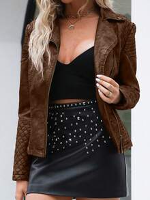 女士仿皮短款机车夹克 - 不对称拉链设计，时尚街头风，秋冬款 - 深棕色 - 查看 4