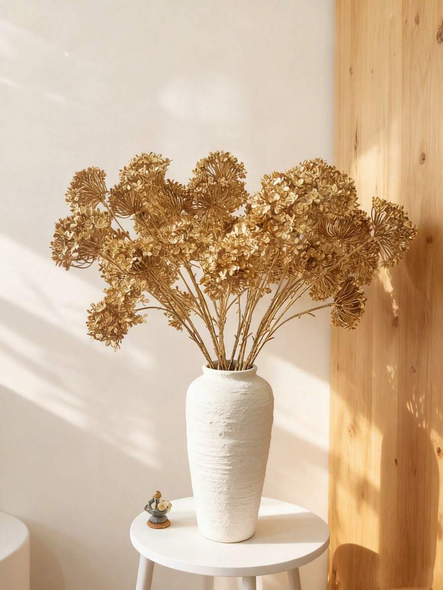 MEHELANY 4 piezas de flores de hortensias falsas doradas, tallos de plástico de 60 cm, adecuadas para bodas, fiestas en el hogar, ramos de novia DIY, centros de mesa, decoración de habitaciones bohemias, Día de San Valentín, Día de la Madre, ceremonias de graduación, decoración de jarrones para interiores/exteriores - Dorado - Ver 1