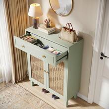 Tribesigns Shoe Cabinet With Doors And Drawer, 6 Tier Modern Boho Shoe Organizer Storage Cabinet With Adjustable Shelf, Rattan Tall Shoe Rack Cabinet For Entryway, Living Room, Mint Green - Mint Green - View 2