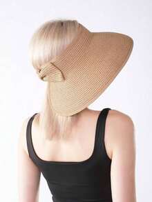 Wide Brim Sun Visor Hat For Women – Foldable Straw UV Protection Beach Hat With Boho Bow - 卡其色 - 查看 8