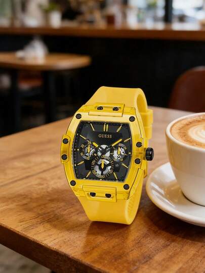 Guess Phoenix Hollow-Out Multi-Function Men's Quartz Watch, Yellow Silicone Strap Paired With Black Barrel-Shaped Dial, Casual & Versatile, Suitable For Daily Street & Sports Wear, A Fashionable Gift For Men & Boyfriends