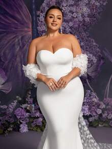 Faeriesty 优雅加大码白色纹理真丝婚纱 - 无肩带心形领口，鱼尾裙摆，可拆卸3D立体花卉网纱披肩和拖尾 | 适合婚礼仪式、婚宴、订婚派对、正式婚礼活动 春季 - 白色 - 查看 7