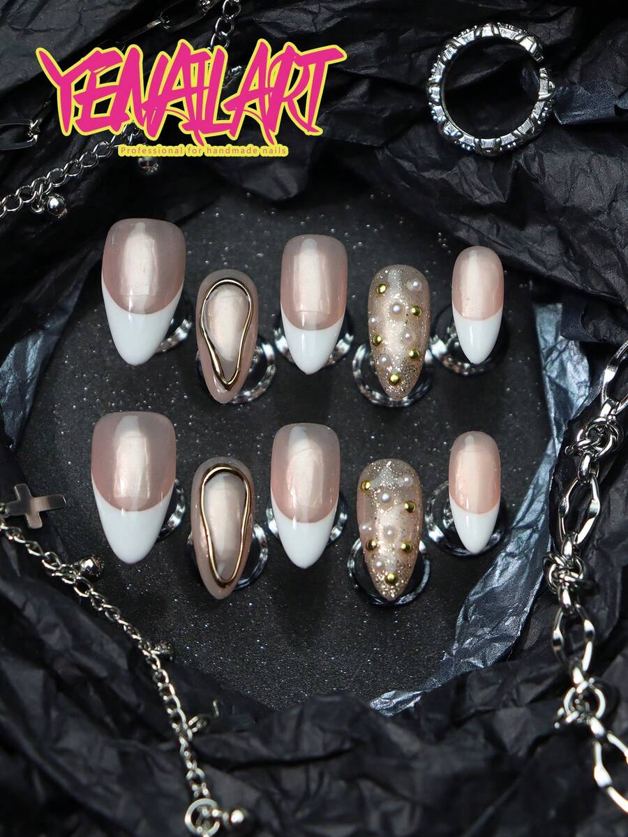 10pcs Fake Nails Press On Almond French Tip,Nude Base,Natural Looking,Gold Chrome,Glitter,With Pearl,Gold Bean,Classic Design Full Coverage Nails Fake Nails Press On Handmade,Rhinestone Decor,Nail Supplies Art Including With 1 Mini Nail File And 1 Double-Sided Adhesive Label For Women And Girls,Suitable For Daily, Leisure, Vacation, Workplace, Holiday Wear - White - View 1
