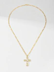 1pc European & American Classic Copper Inlaid Zirconia Lucky Cross Pendant Necklace, Limited Edition "Light Of Protection", Suitable For Christmas/Thanksgiving/Halloween/Mother's Day/Valentine's Day Gifts For Couples/Friends/Godparents, Catholic First Communion, Gifts, Daily & Holiday Wear For Prayer - Yellow Gold - View 6