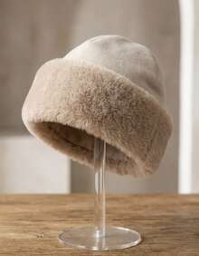 Lilas Inova Women's Winter Plush Beanie, Soft Style, Limited Edition, Casual, Fluffy Polyester Faux Fur, Contrast Beanie, Nightwear, Holiday, Home, Daily, Autumn/Winter - 米色 - 查看 3