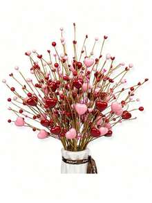 3 Pieces Valentine's Day Romantic Foam Heart Berry Arrangement, Handmade Artificial Heart-Shaped Berry Branches, Red And Pink Heart-Shaped Berry Stems, Light Red Heart-Shaped Pink Wrapping Paper - Multicolor - View 6