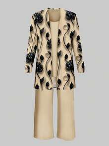 Plus Size Women's Fashionable Printed 3 Pieces Set Spring Elegant - Champagne - View 3