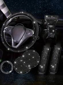 7件套汽车配件套装,女士汽车配件,亮面方向盘套,亮面汽车杯垫,亮面套装,安全带肩垫,圆形Logo贴纸,换挡杆套 - 款式A - 查看 23