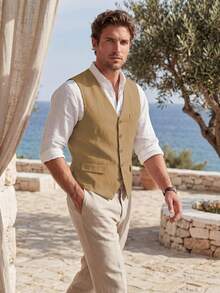 Mens Vests Breathable Cotton Linen Vest V Neck Summer Beach Wedding Party Groomsmen Casual Waistcoat Outfits Tuxedos - 棕色 - 查看 6