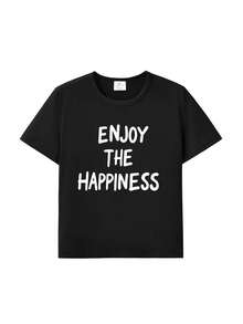 Camiseta de manga corta con estampado gráfico de eslogan "Disfruta de la felicidad" para niñas, verano - Negro - Ver 2