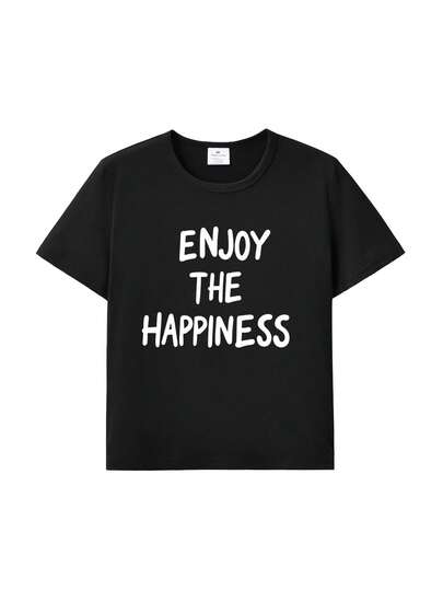 女孩“享受快乐”标语及图案印花短袖T恤，夏季