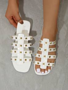 白色女士高跟凉鞋，2026夏季新款厚底铆钉白色女士凉鞋，时尚百搭套脚凉鞋 - 白色 - 查看 8