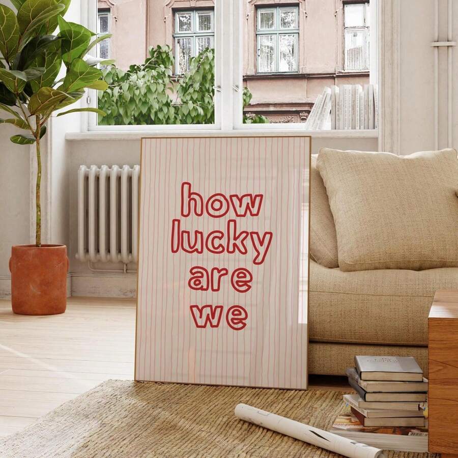 1pc Frameless Banner With A Red Bubble Letter Print Reading "How Lucky Are We" On A Light Pink Wavy Stripe Background. Suitable For Living Room, Bedroom, And Dormitory Decoration. - Multicolor - View 1
