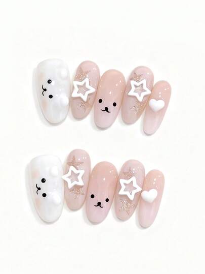 10pcs Meet "Cute Puff Pals" Nails-This Adorable Design Blends Soft Pink Bases With 3D White Accents: Bear Faces, Puffy Stars, And Tiny Hearts, Plus Subtle Gold Glitter. The Mix Of Matte And Glossy Textures Adds Playful Charm, Perfect For Anyone Who Loves Sweet, Whimsical Styles That Feel Cozy And Fun. Nail Supplies