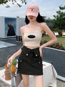 女士夏季休闲束口腰带工装口袋牛仔迷你裙 - 黑色 - 查看 6