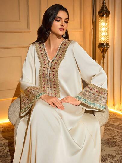 Elegant Long Arabic Style Dress, V-Neck, Embellished With Applique Details, Woven Fabric, Long Sleeve