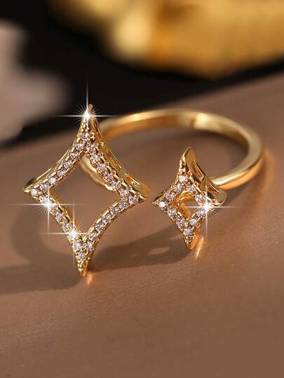 1pc Elegant Geometric Rhombus Star Openable Rings Creative Cubic Zirconia Gold Plated Single Ring Suitable For Girl Birthday Dating Gifts For Daily Commute Copper Jewelry