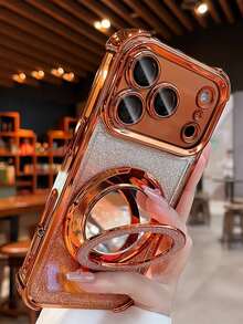 奢华电镀闪粉透明镜面支架手机壳，兼容 17/6/7/8/X/XS/XR/11/12/13/14/15/16/16e、Galaxy S22/23/24/25/S24 FE/S25 EDGE、A04/05/06/A07/A14/A15/A16/A17/A24/A25/A34、Redmi Note 9/10/11/12/13、Redmi 9/10/12/13C 14C、OPPO、MOTO、荣耀 X、HW、Realme C53 C55 C61 C63 C75，镜头保护防震保护套 - 橘色 - 查看 2