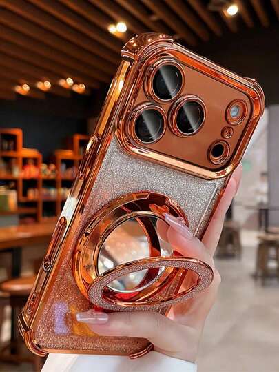 Lyxigt galvaniserat glitter transparent spegelstativ för telefon, kompatibelt med 17/6/7/8/X/XS/XR/11/12/13/14/15/16/16e, Galaxy S22/23/24/25/S24 FE/S25 EDGE, A04/05/06/A07/A14/A15/A16/A17/A24/A25/A34, Redmi Note 9/10/11/12/13, Redmi 9/10/12/13C 14C, OPPO, MOTO, Honor X, HW, RENO Realme C53 C55 C61 C63 C75, linsskyddande stötdämpande fodral