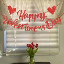 1件红色情人节心形横幅 - 红色闪光心形花环 - 适用于情人节主题派对、生日派对、周年纪念派对、单身派对、新娘送礼会以及各种节日庆典的家居装饰 - 彩色 - 查看 5