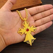 1 pieza Collar con colgante de cruz minimalista clásica hueca, longitud de cadena de 80 cm, colgante con elemento de cruz, collar de uso diario para mujeres, adecuado para árabe, reunión diaria, fiesta de cumpleaños, regalo de joyería de festival - Amarillo Oro - Ver 7