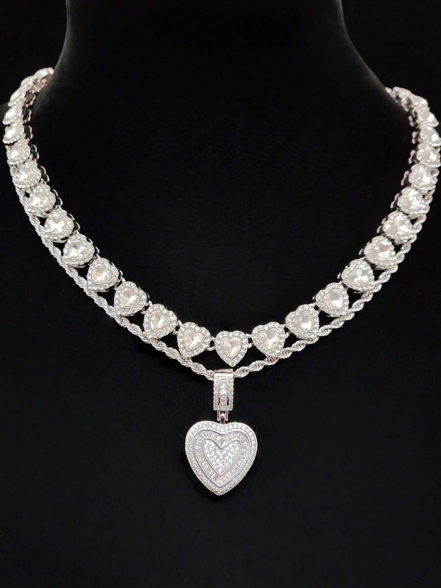 Bộ 1 dây chuyền mặt hình trái tim đính đá Cubic Zirconia và dây chuyền hình trái tim 10mm, bộ trang sức thời trang phong cách hip hop dành cho nữ, thích hợp đeo hàng ngày hoặc dự tiệc, quà tặng ngày Valentine. - Vàng - Xem 1
