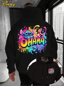 Disney Hoodie-Men's Shi Dizai Lilo Pelekai Cartoon Pattern Pullover, Loose Hoodie Sweater In Front Pocket, Suitable For Casual Wear, Disney's Birthday Gift, Travel Clothes, Playful Design, Comfortable Fabrics, Fan Clothes, Movie Lovers, Home Clothes, Durable Materials, Printed Sweatshirts, Men's. - màu đen - Xem 1