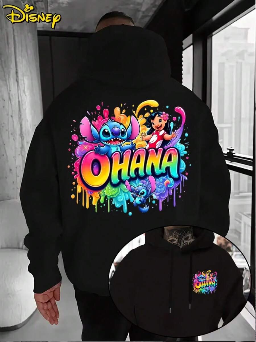 Disney Hoodie-Men's Shi Dizai Lilo Pelekai Cartoon Pattern Pullover, Loose Hoodie Sweater In Front Pocket, Suitable For Casual Wear, Disney's Birthday Gift, Travel Clothes, Playful Design, Comfortable Fabrics, Fan Clothes, Movie Lovers, Home Clothes, Durable Materials, Printed Sweatshirts, Men's. - màu đen - Xem 1