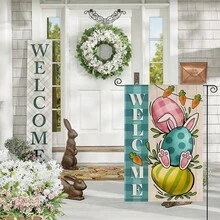 1pc Easter Celebration Garden Flag - 12x18 Inches, Outdoor Welcome Decor For Spring And Summer, With Egg, Carrot, Plaid Design, Durable Polyester, No Power Needed - Baby Blue - View 8