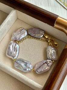 1pc Elegant Baroque Natural Freshwater Pearl Bracelet, Unique Design, High-End, Summer Square Bracelet Jewelry For Women - 彩色 - 查看 9
