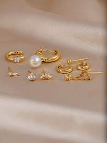 9 pièces Ensemble de boucles d'oreilles vintage élégantes avec zircone et faux perle, boucles d'oreilles multi-couches pour cartilage, convient pour le quotidien, les rendez-vous, les fêtes et le superposage pour les femmes - Or jaune - Voir 5