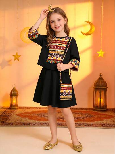 女童复古三件套：几何提花拼接彩色流苏七分袖上衣+半裙+斜挎包，儿童服装