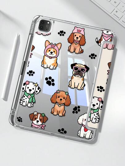 一款可爱的卡通小狗和花卉图案双面亚克力透明水晶后盖，防震，适用于iPad 7、8、10代（10.2英寸），内置笔槽，支持睡眠/唤醒功能，是理想的圣诞节和新年礼物。