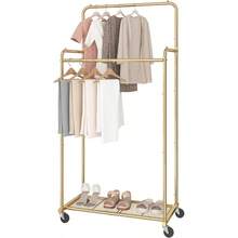 Simple Trending - Perchero de ropa de doble canela resistente con ruedas para colgar ropa con 4 ganchos dorado - Dorado - Ver 8