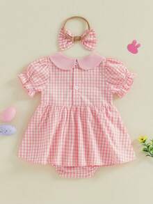 Conjunto de ropa de Pascua para niña bebé, mono de manga corta con bordado de conejito y diadema, ropa para recién nacida - Rosa - Ver 2
