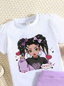 Young Girl Round Neck Letter & Cartoon Girl Print Short Sleeve T-Shirt And Ruffle Hem Mini Skirt Casual Daily Holiday Outfit Set - Purple - View 5