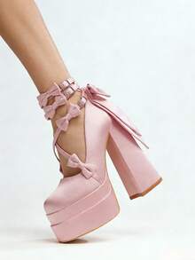 Women's Cute Lolita Platform Mary Jane Pumps Buckle Bowknot Chunky Block Heels Elegant Party Shoes - 粉色 - 查看 5
